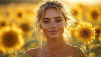A young woman with a warm smile stands among tall sunflowers as golden hour light casts a beautiful glow. Her carefree demeanor enhances the serene atmosphere of the blooming field. photo