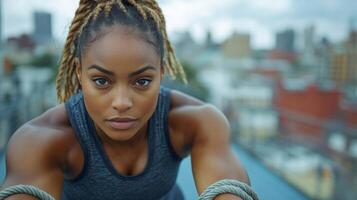 A determined athlete with dreadlocks stretches on a rooftop, showcasing strength and focus against a city skyline, capturing an inspiring moment of urban fitness. photo