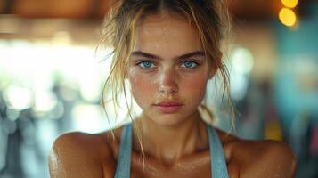A young woman with glowing skin and determined eyes is exercising in a gym. The warm lighting highlights her fitness and concentration. The background features gym equipment subtly blurred. photo
