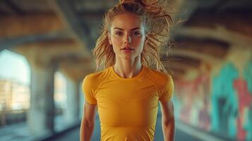A runner in a bright yellow shirt sprints determinedly under a graffiti-covered bridge in an urban setting. Sunlight filters through, creating dynamic shadows. photo
