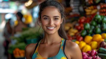 A young woman stands happily among vibrant produce at a lively market. Colorful fruits and vegetables surround her as she enjoys the cheerful atmosphere. photo