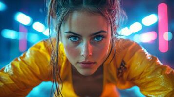 A young athlete in a bright yellow outfit showcases determination as she works out in a neon-lit urban area. The vibrant colors create an energetic atmosphere, highlighting her focus. photo