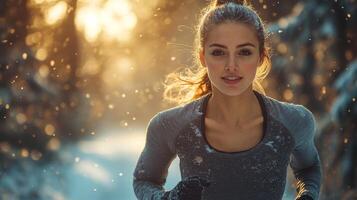 A determined athlete runs through a serene snowy forest, illuminated by the golden light of sunset. Snowflakes gently fall around her as she embraces the cold weather. photo