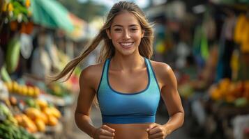 A young woman jogs joyfully through a lively market, surrounded by colorful stalls brimming with fresh fruits and vegetables. The atmosphere is energetic and inviting. photo