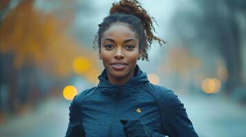 A young woman jogs on a city street surrounded by fall colors. The cloudy sky and blurred lights create a vibrant backdrop while she displays determination and energy. photo