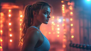 A woman stands confidently in a gym filled with vibrant lights, embodying strength and determination while preparing for her workout at dusk. photo