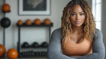 A determined athlete sits in a gym, showing focus and strength. The setting features fitness equipment and weights, highlighting commitment to health and an active lifestyle. photo