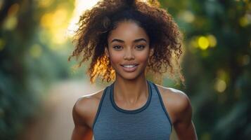 A woman with curly hair jogs along a scenic forest trail. Sunlight shines through the trees, creating a warm and inviting atmosphere as she enjoys her workout. photo