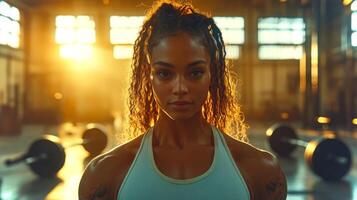 A strong female athlete stands poised in a gym, her muscular physique illuminated by warm golden sunlight streaming through windows, creating a vibrant mood during a workout. photo