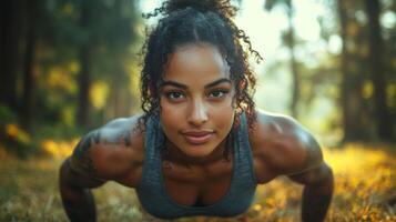 A fitness enthusiast demonstrates push-ups in a serene forest setting. Morning sunlight filters through the trees, enhancing the atmosphere of commitment to health and physical activity. photo