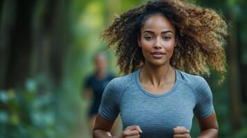 A woman runs along a forest path surrounded by lush greenery, showcasing her athleticism and determination. Another runner is visible in the background, capturing a sense of community and fitness. photo