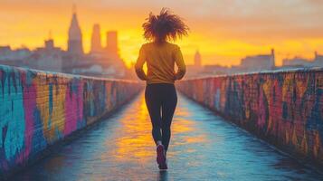 A person jogs on a waterfront pathway illuminated by a stunning sunrise. The colorful mural on the path contrasts with the city skyline in the background. photo