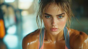 A young woman displays strength and concentration after an intense workout. Sweat glistens on her skin as she sits in a gym, embodying dedication and fitness. photo