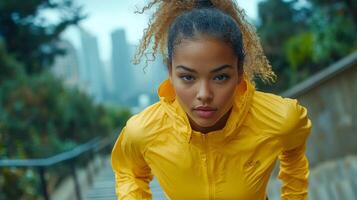 A young woman wearing a bright yellow jacket is running up a set of outdoor stairs. She appears focused and determined, with a backdrop of a modern cityscape and lush greenery. photo