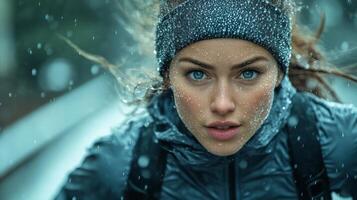 A young woman engages in a vigorous run through a snowy forest, displaying determination and focus. photo
