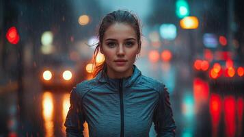 A young woman dressed in activewear runs confidently down a busy city street. Raindrops fall around her, creating a vibrant atmosphere illuminated by colorful lights in the evening. photo