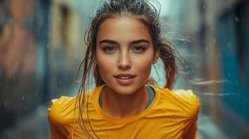 A young woman sprints through a colorful urban alleyway under a light rain, wearing a bright yellow shirt. The atmosphere conveys energy and determination during twilight. photo
