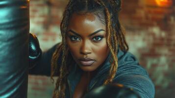 A determined woman engages in a boxing workout, delivering a powerful punch to a punching bag. The rustic gym features exposed brick walls and warm lighting, creating a motivating atmosphere. photo