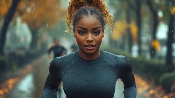 A woman runs with intensity along a tree-lined path in a park, surrounded by vibrant autumn leaves. The rain creates a reflective surface, enhancing the atmosphere. photo
