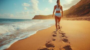A woman in a white swimsuit strolls barefoot on a sandy beach, leaving footprints on the shore as gentle waves roll in. The sun shines brightly, creating a serene atmosphere. photo