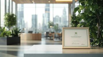A certificate acknowledging excellence in sustainable finance rests on a sleek surface, surrounded by indoor plants. The large windows showcase a city skyline, emphasizing the modern environment. photo