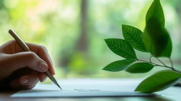 A person is using a pen to write on paper while a small green plant rests beside them. The setting is bright and peaceful, reflecting a connection between finance and environmental awareness. photo