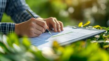 Hands are writing on a clipboard while surrounded by lush greenery, indicating a focus on sustainable finance initiatives. This setting promotes environmental awareness and financial responsibility. photo