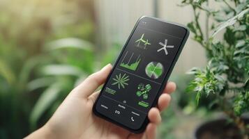A person interacts with a smartphone displaying analytics on sustainable finance, showcasing green energy trends and AI-driven insights. photo