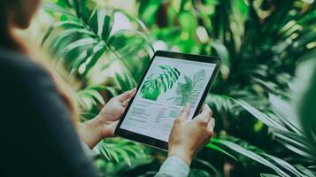 A person reviews digital content on a tablet with images of leaves against a backdrop of vibrant greenery. This reflects the intersection of technology and sustainability in finance. photo