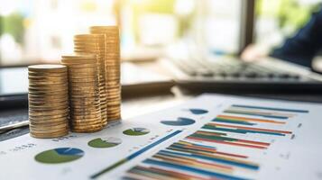 Stacks of coins are arranged next to colorful charts and graphs depicting financial data. photo