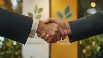 Two professionals engage in a handshake to signify partnership in advancing artificial intelligence within sustainable finance. photo