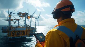 An operator in a yellow safety suit observes the offshore wind farm, equipped with turbines. The worker uses a tablet to track energy input while the sun shines brightly in the background. photo