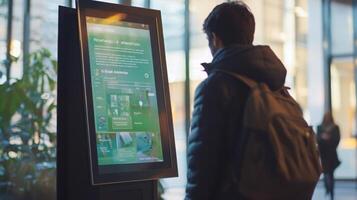 A person interacts with a large digital display showcasing information on artificial intelligence and sustainable finance. The setting is a contemporary office space filled with natural light. photo
