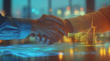 Two individuals are shaking hands as a symbol of partnership in sustainable finance. photo
