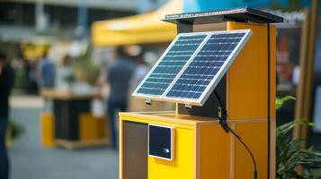 A vibrant solar-powered kiosk displays technology for sustainable finance at a bustling tech expo. Attendees engage with interactive features while sunlight powers eco-friendly initiatives. photo