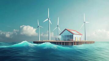 A modern floating house is situated on calm waters, surrounded by towering wind turbines that harness renewable energy. photo