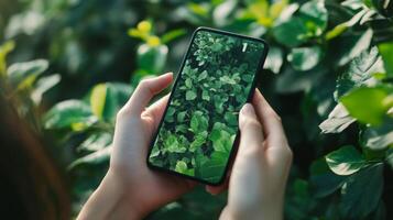 A person holds a smartphone displaying a close-up of green leaves while surrounded by lush greenery, highlighting the intersection of technology and sustainability in finance. photo