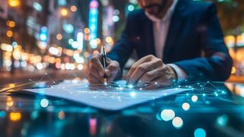 A professional signs a document outdoors at night, illuminated by city lights, symbolizing the intersection of sustainable finance and artificial intelligence. photo