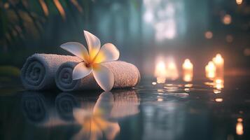 Two rolled towels are elegantly placed by a tranquil water setting, adorned with a fragrant flower. Soft candlelight flickers in the background, creating a peaceful atmosphere for self-care. photo