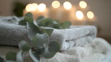 Soft, textured towels are neatly stacked alongside fresh eucalyptus leaves, creating a calming atmosphere. Candles emit a warm glow in the background, enhancing the eco-friendly spa ambiance. photo