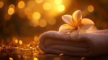 A soft towel is neatly placed with a blooming flower atop it, surrounded by warm and inviting golden light. The setting evokes tranquility, ideal for a refreshing aromatherapy session. photo