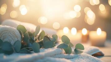 Soft towels and fresh eucalyptus set a tranquil atmosphere enhanced by candlelight, promoting a zero-waste approach to beauty. This serene setting invites relaxation and mindful self-care. photo