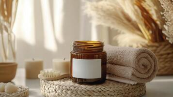 A cozy arrangement showcasing a glass jar of sustainable beauty product surrounded by natural decor. Soft towels, candles, and a wooden brush create a calming atmosphere perfect for self-care. photo