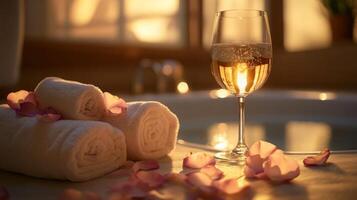 Soft light filters through a window, illuminating rolled towels and rose petals scattered on a counter next to a glass of sparkling drink, highlighting a serene spa ambience focused on relaxation. photo