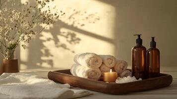 This space features a wooden tray with neatly rolled towels and amber bottles containing eco-friendly beauty products. A lit candle adds warmth, complemented by gentle natural light streaming in. photo