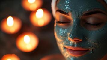 A person relaxes with a green clay face mask applied, eyes closed in tranquility. Soft candlelight enhances the soothing atmosphere, creating a peaceful home-spa setting in the evening. photo