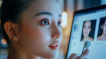 A user engages in a virtual skincare consultation, examining her face closely as she seeks advice. The session takes place online, utilizing advanced technology for personalized recommendations. photo