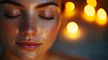 A person enjoys a tranquil home spa session, illuminated by soft candlelight. The serene atmosphere enhances relaxation as the individual focuses on skincare and personal wellness. photo