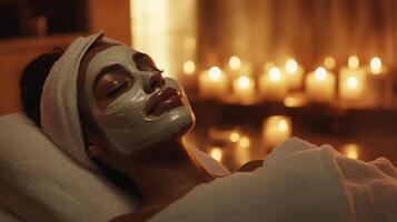 A woman enjoys a calming home spa session, featuring a facial mask and surrounded by warm candlelight. The serene atmosphere enhances relaxation, promoting beauty and self-care. photo