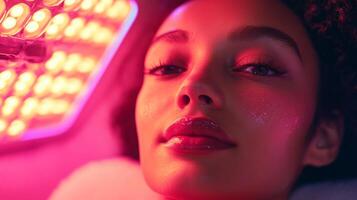 A person relaxes in a home spa setting, enjoying advanced beauty devices that illuminate their face. The warm glow enhances skin tones while providing a soothing atmosphere in a modern space. photo